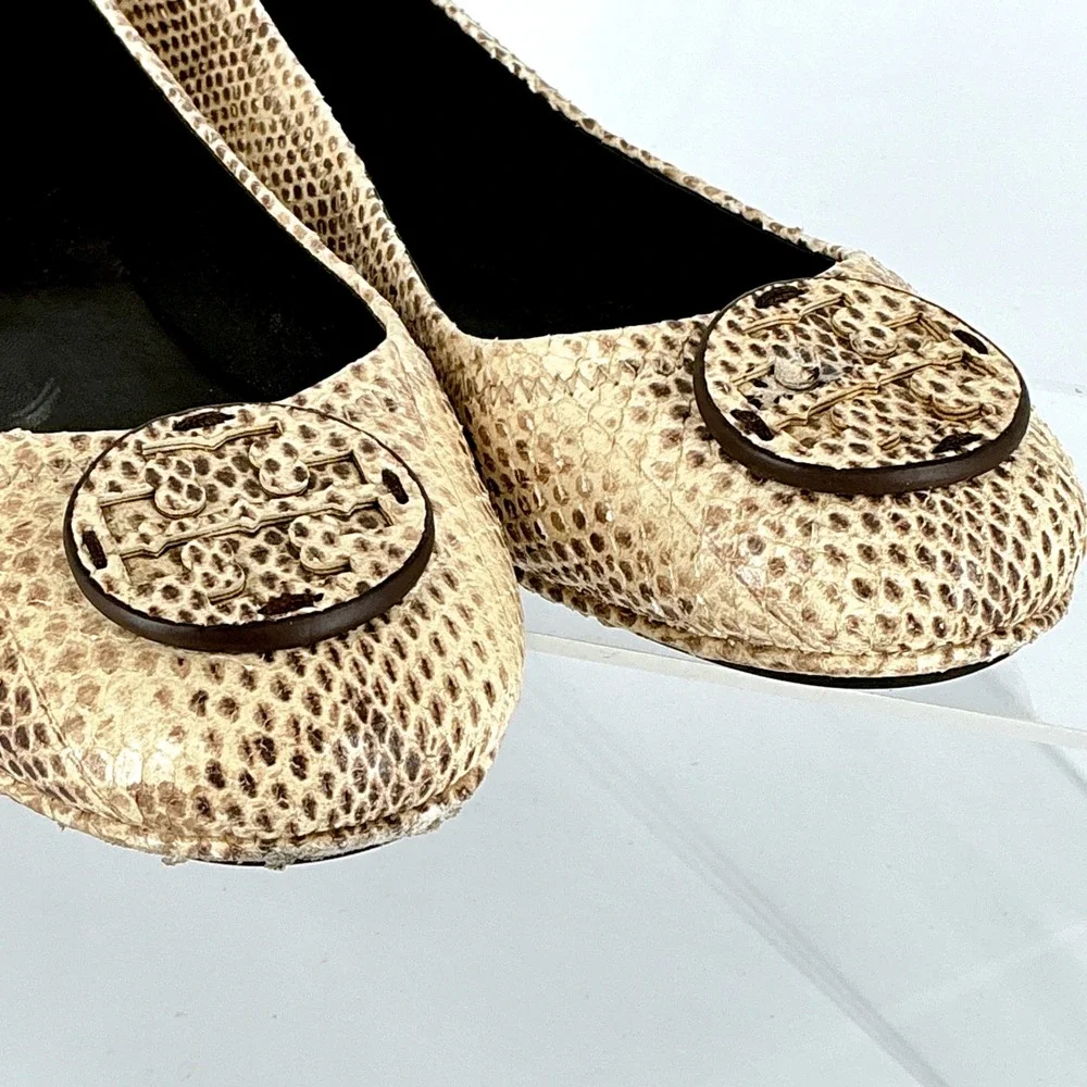 Tory Burch Size 7.5 Minnie Travel Ballet Flats‎ Snake Embossed Leather